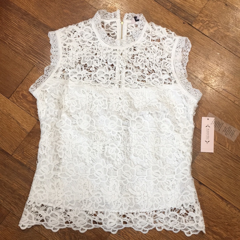 Nanette Elegant White Lace Sleeveless Top Size L